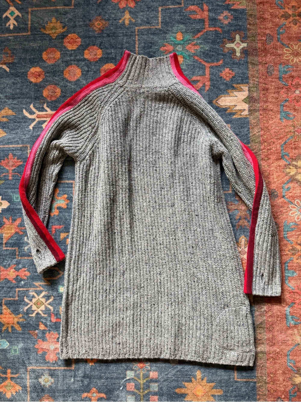Krimson Klover Gray Ribbed Turtleneck Dress with Red Trim